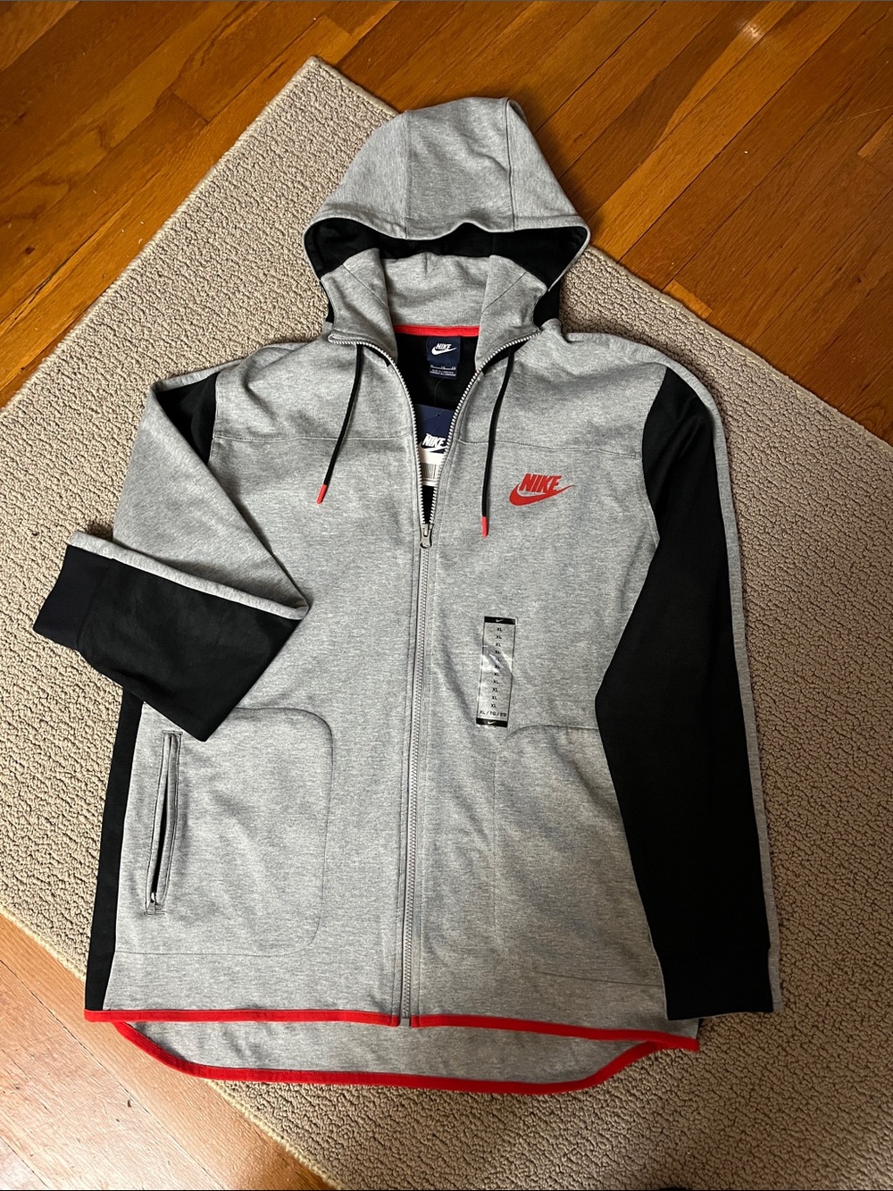 Nike XL Grey & Black Full-Zip Hooded Performance Jacket with Red Logo